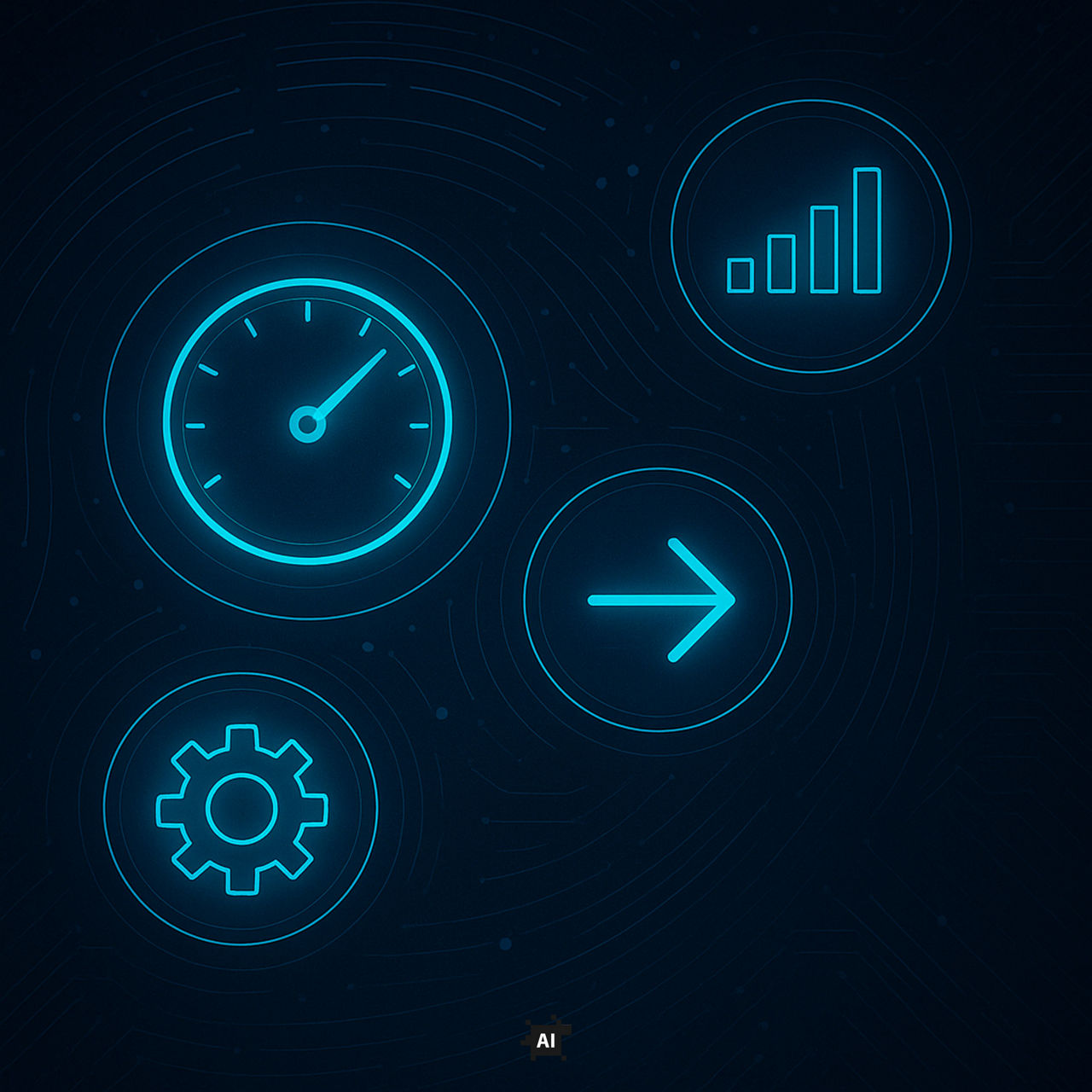 Neon blue icons representing speed, progress, settings, and direction on a dark background.