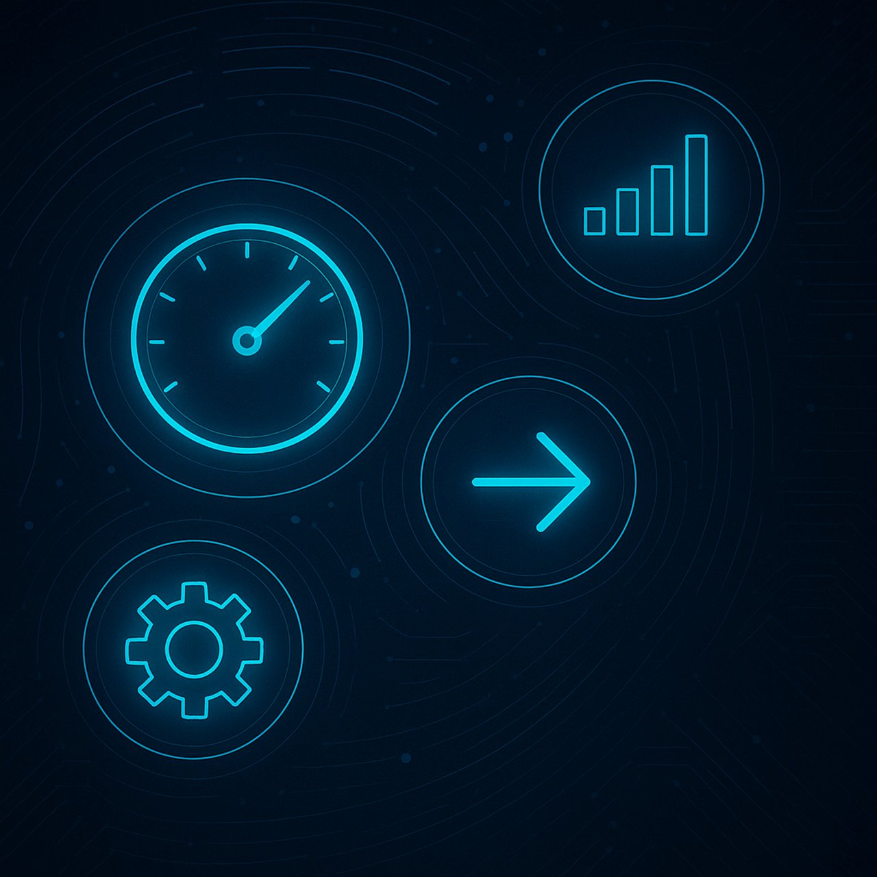 Neon blue icons representing speed, progress, settings, and direction on a dark background.