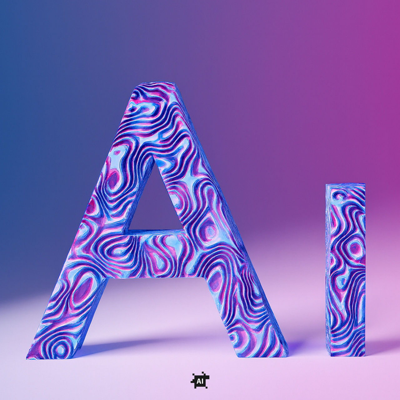 Colorful 3D letters ‘AI’ with abstract patterns on a pink and blue gradient background.