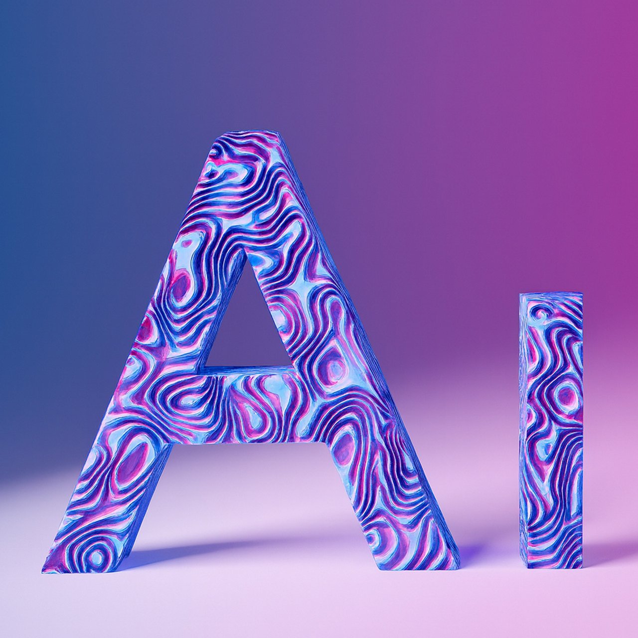 Colorful 3D letters ‘AI’ with abstract patterns on a pink and blue gradient background.