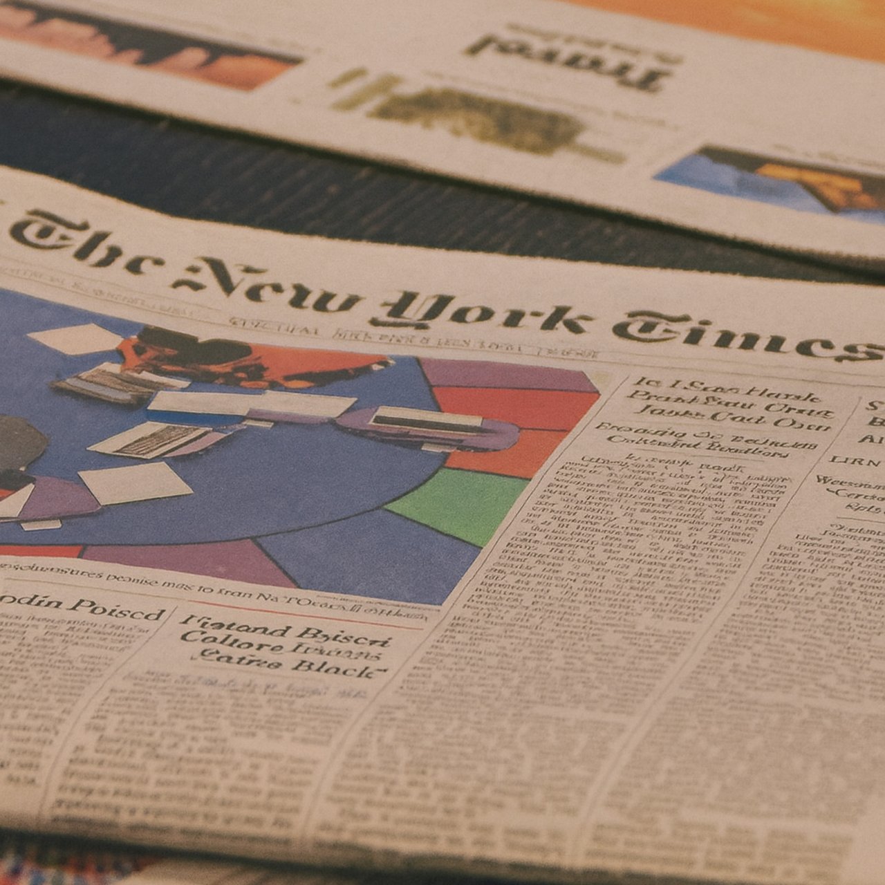 A close-up of a printed copy of The New York Times newspaper lying on a table, showing headlines, text columns and a colorful graphic in the center