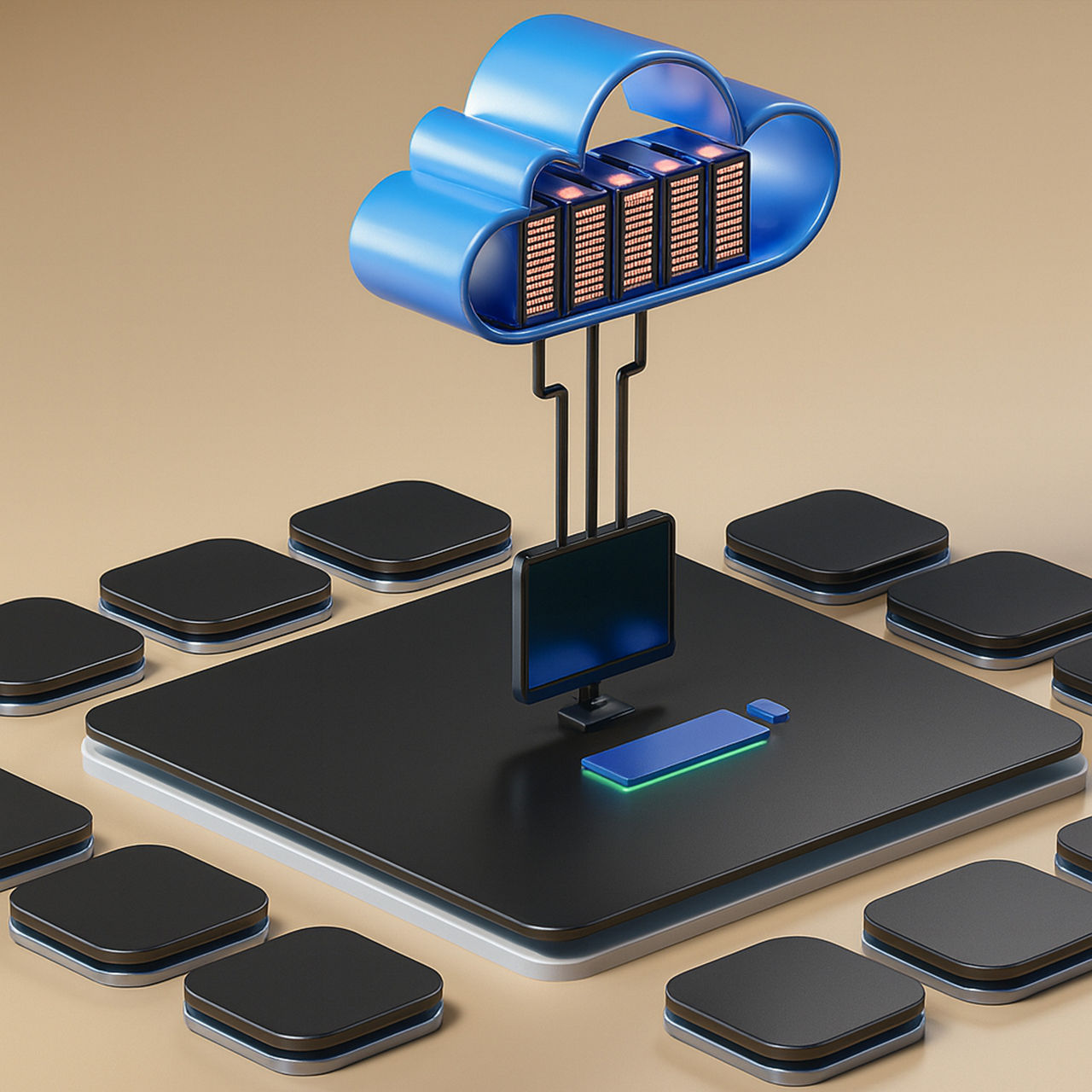 A 3D illustration of cloud computing showing a blue cloud with servers connected to a computer chip and monitor on a sleek, futuristic platform