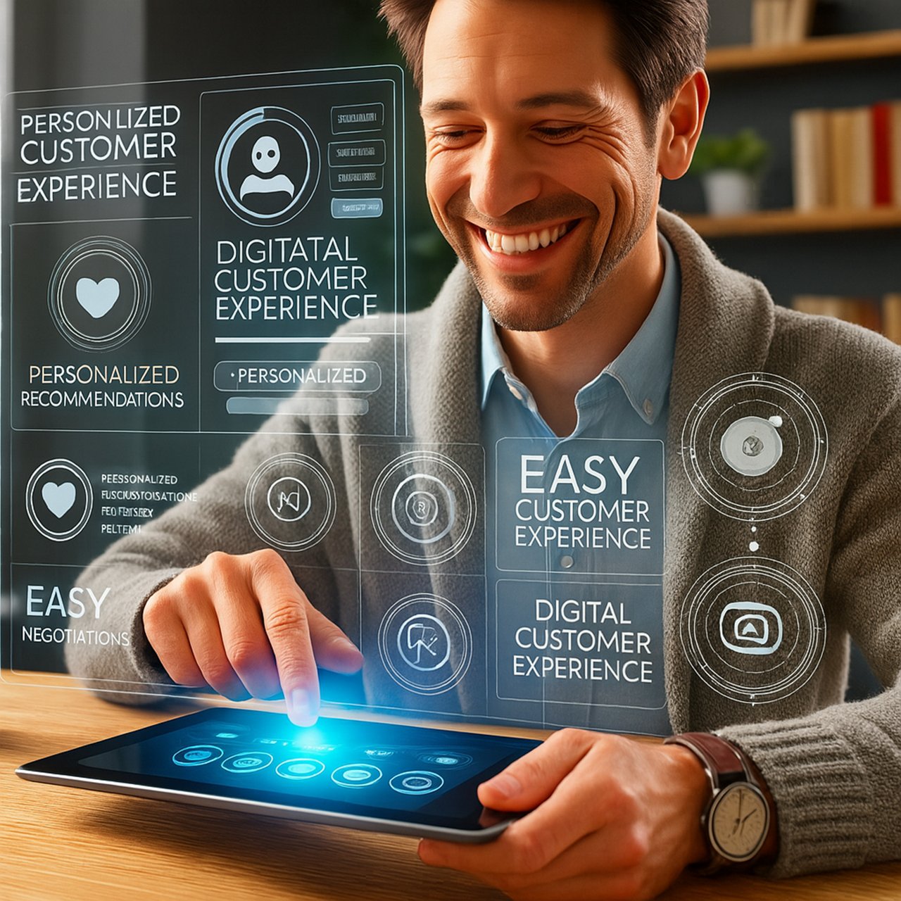 A man interacting with a futuristic digital interface on a tablet to personalize customer experience.