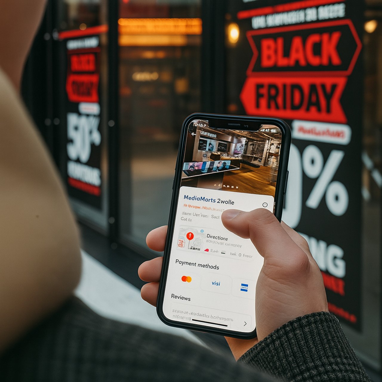 A person holding a smartphone with a store profile displayed, standing outside a shop during a Black Friday sale.