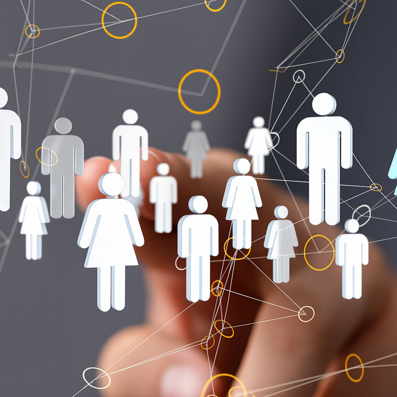 A digital network of human icons connected by lines and circles, representing online communities.