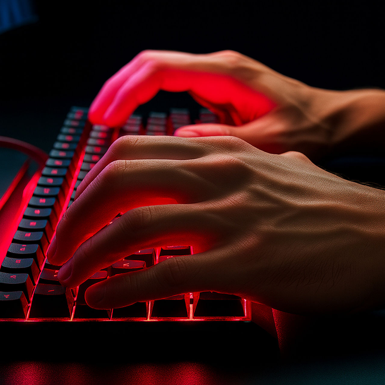 Close-up of hands typing on a red-lit mechanical keyboard in a dark environment.