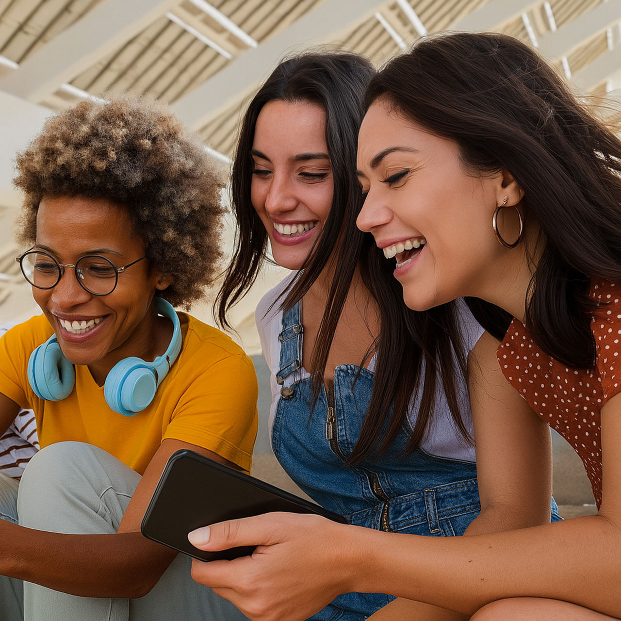 Three young women laughing and looking at a smartphone together in an outdoor setting.