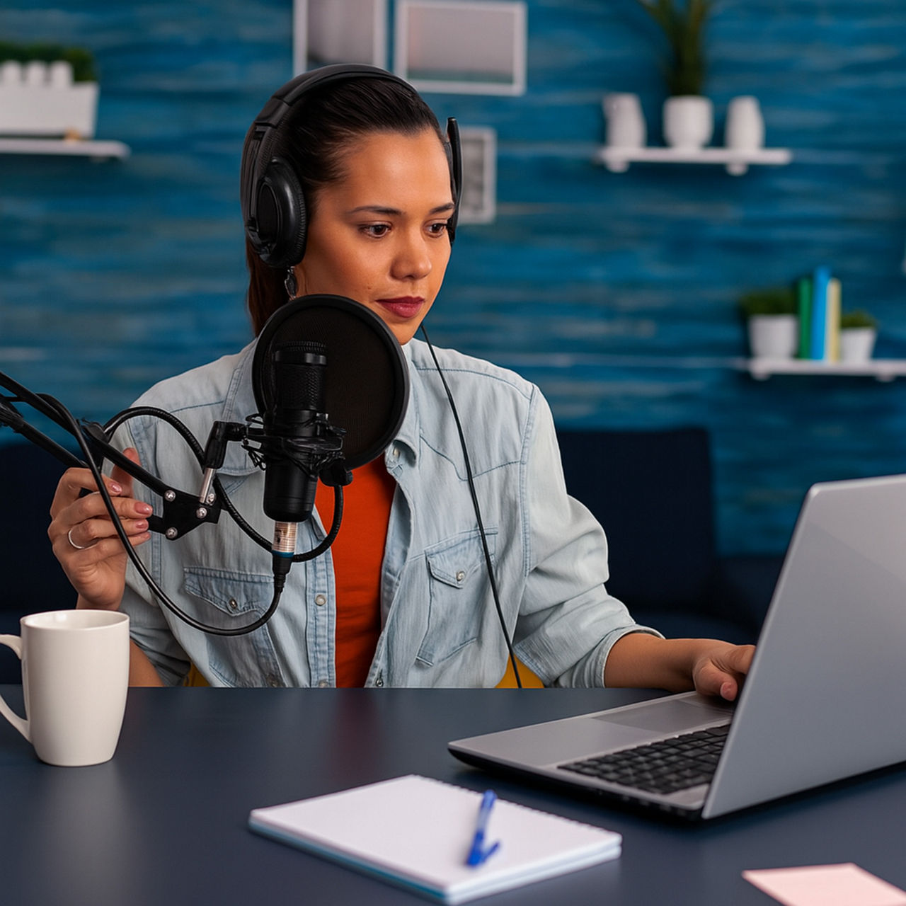 A woman with headphones recording content in front of a microphone and laptop.