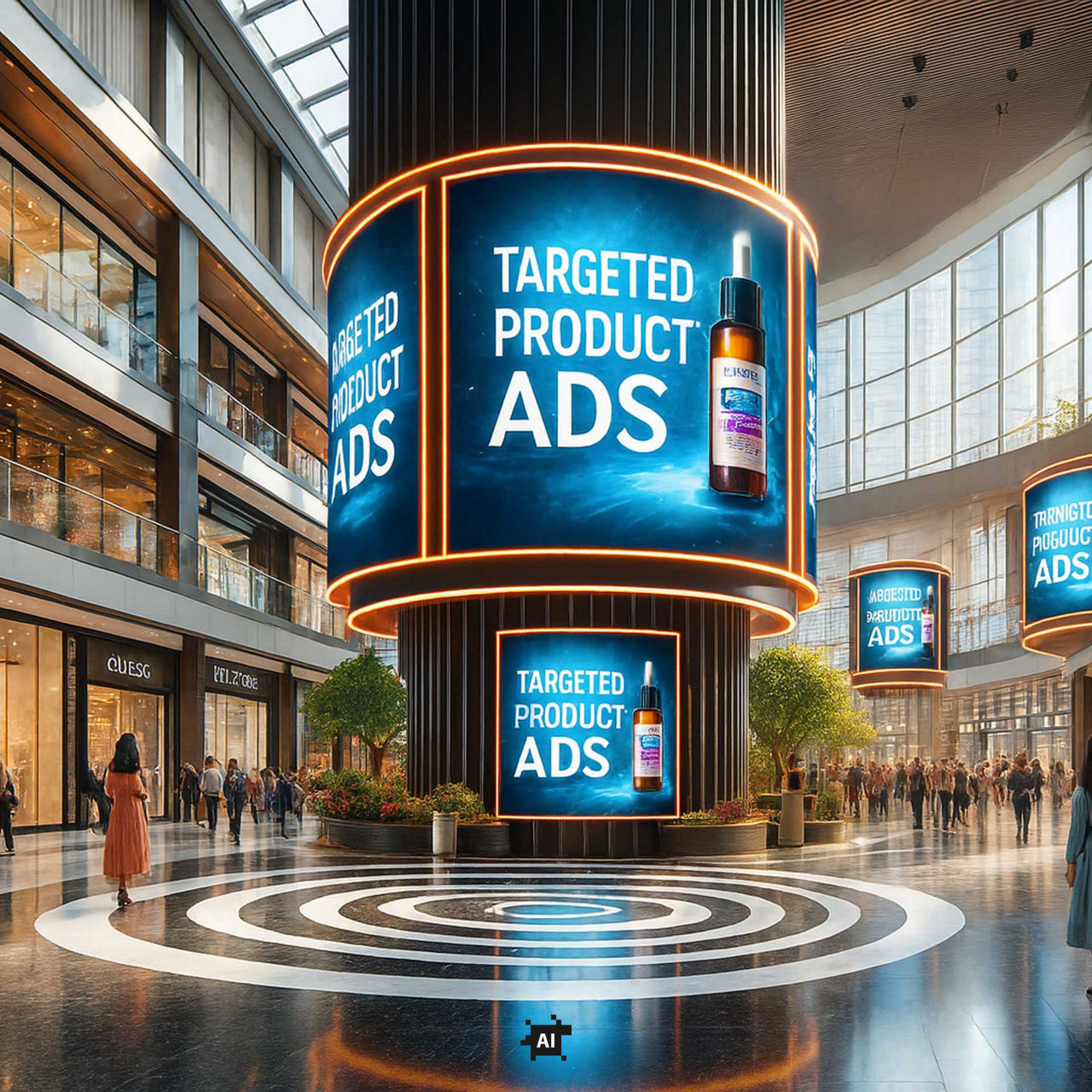A modern shopping mall with large digital screens showing targeted product ads to passing shoppers.
