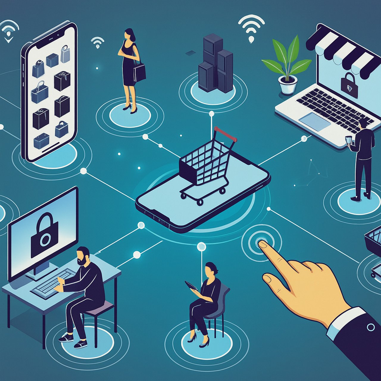 An illustration of connected digital shopping experiences across devices, platforms, and users.