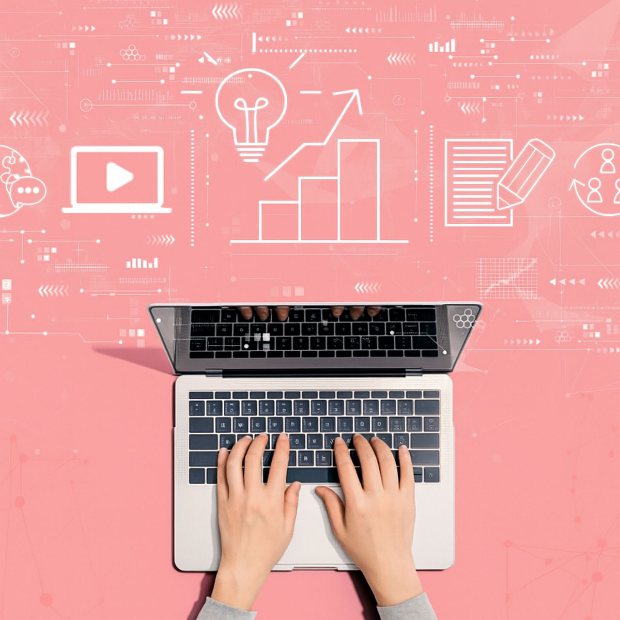 Hands typing on a laptop surrounded by abstract icons representing content creation and digital strategy.