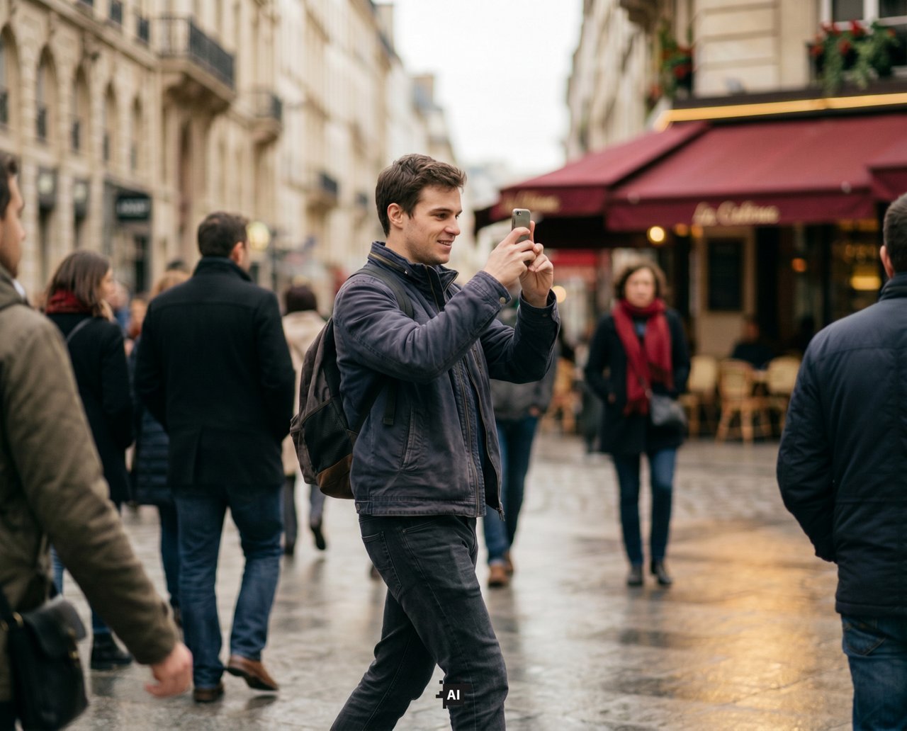 Young man photographing with his smartphone on a busy Parisian street