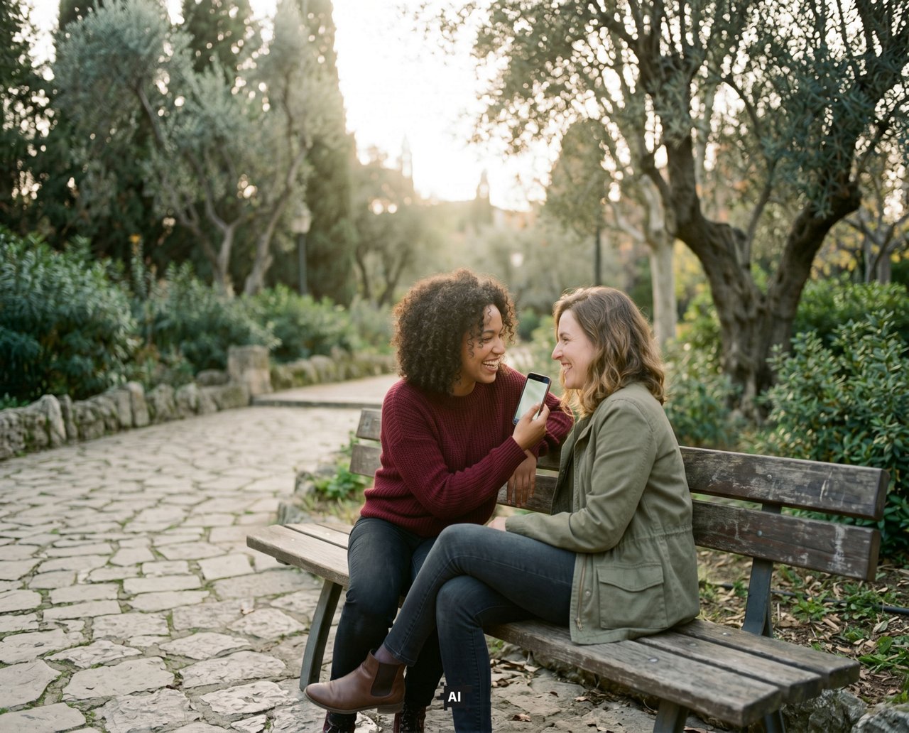 Two women sitting on a park bench at sunset, laughing and sharing content on a phone