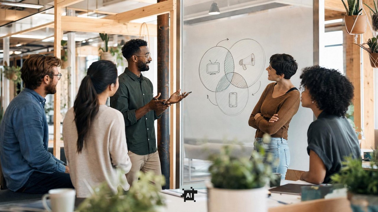 Team of five presenting a media channel diagram on a glass whiteboard in a plant-filled creative office