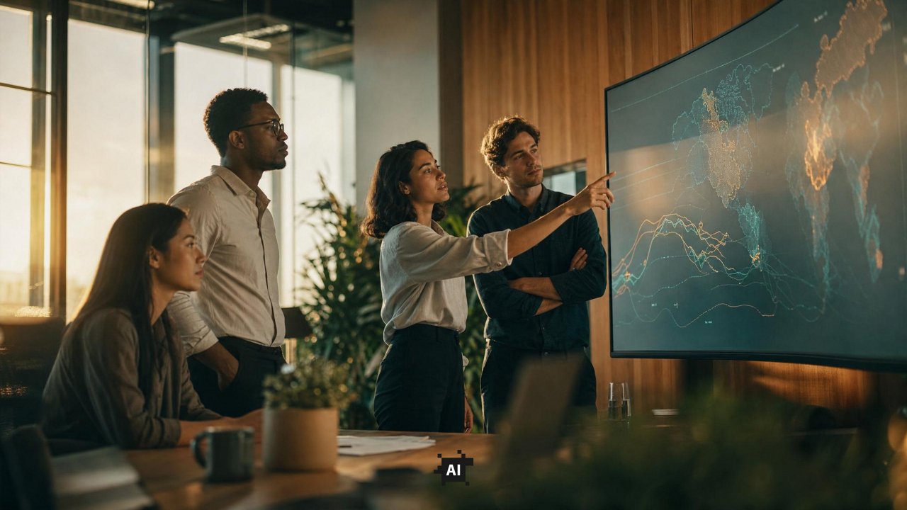 Four colleagues reviewing a global data visualisation on a large screen in a warmly lit meeting room at sunset