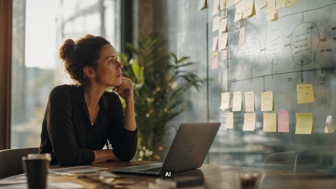 Woman sitting at a desk, gazing thoughtfully at a glass wall covered in sticky notes and diagrams