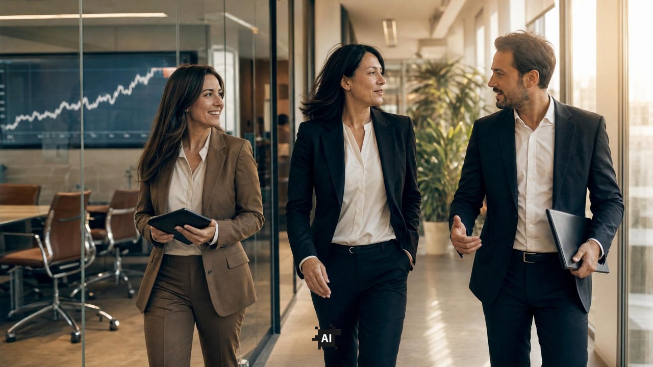 Three business professionals walking through a corporate office corridor, carrying a tablet and folder
