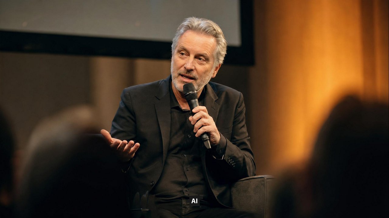 Man in a dark suit speaking on stage with a microphone at an industry event, audience silhouettes in the foreground