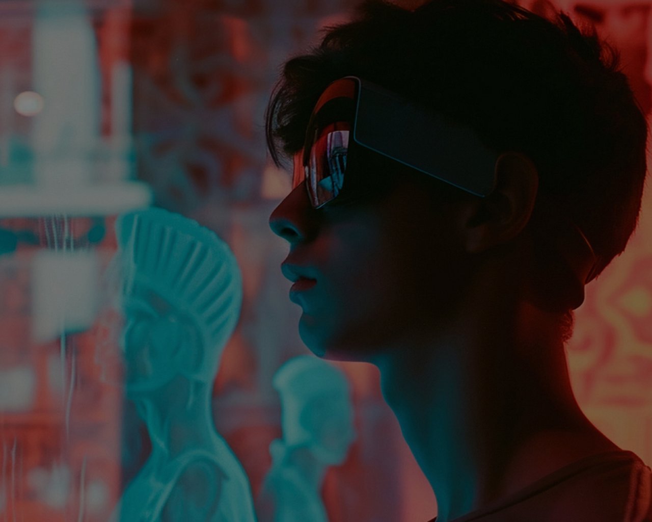 Young man wearing AR glasses observing holographic displays in a neon-lit environment