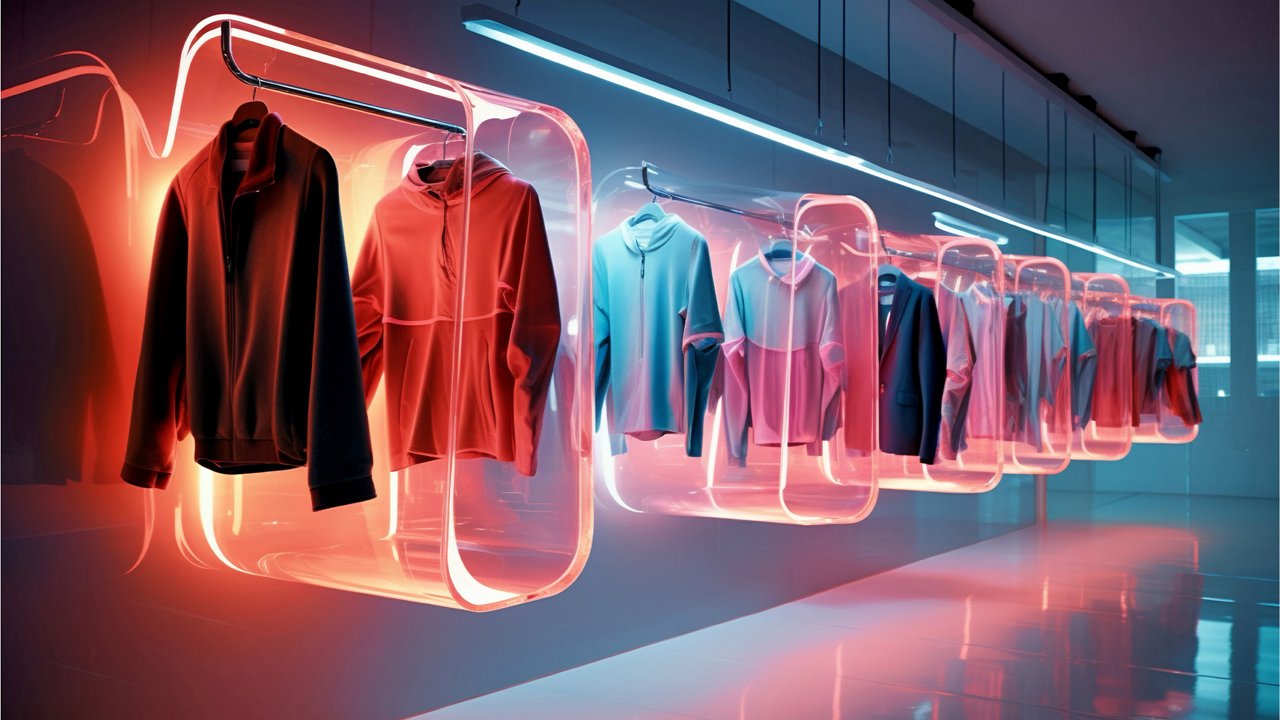 Das Bild zeigt eine futuristische Modepräsentation mit leuchtenden, transparenten Kapseln und einer neonfarbenen Beleuchtung.