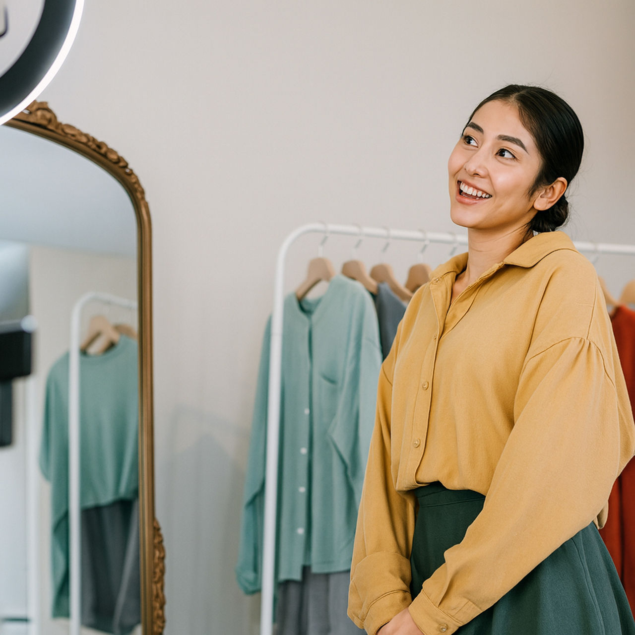A smiling woman standing in front of a ring light and clothing rack, presenting fashion content.