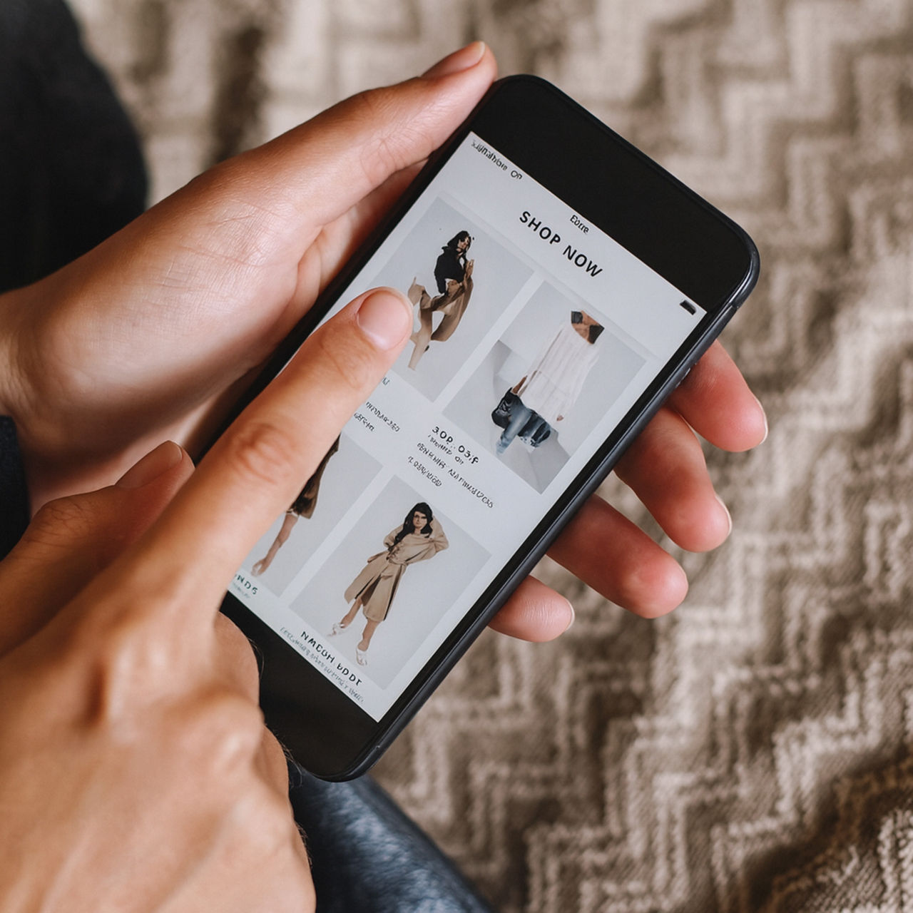 Close-up of hands browsing an online fashion store on a smartphone.