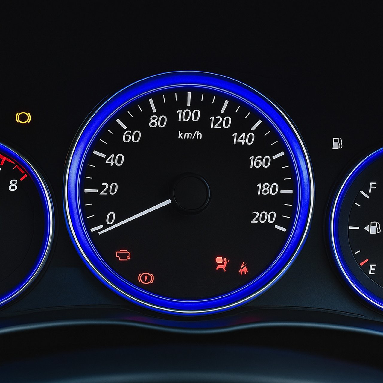 A car dashboard with illuminated speedometer and gauges glowing blue in the dark.