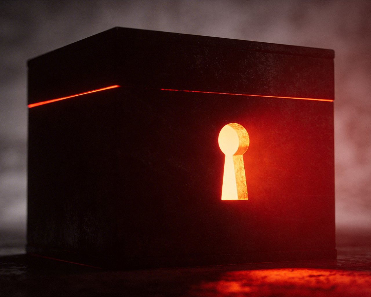 futuristic visualization of a black box with a key hole where red glowing lights come out