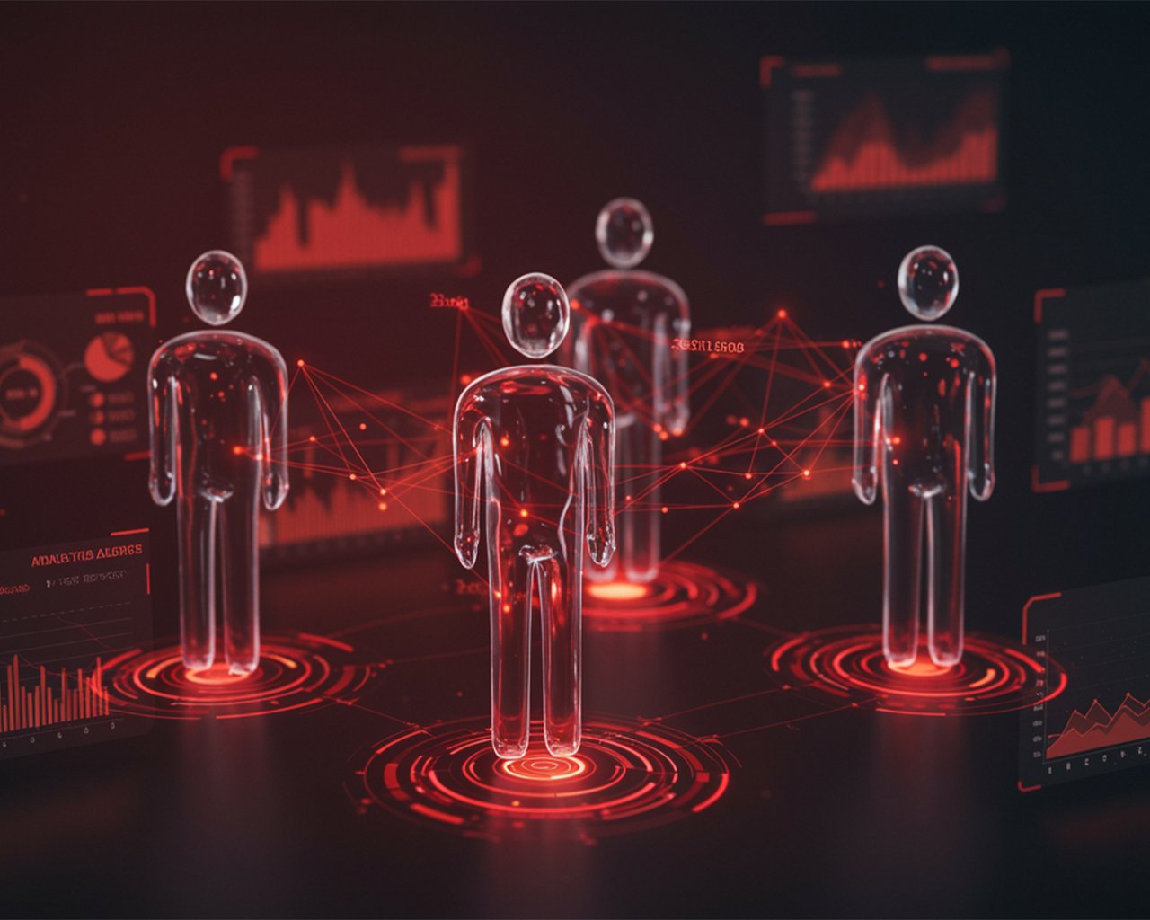 futuristic data flows and transparent human silhouettes connected through data