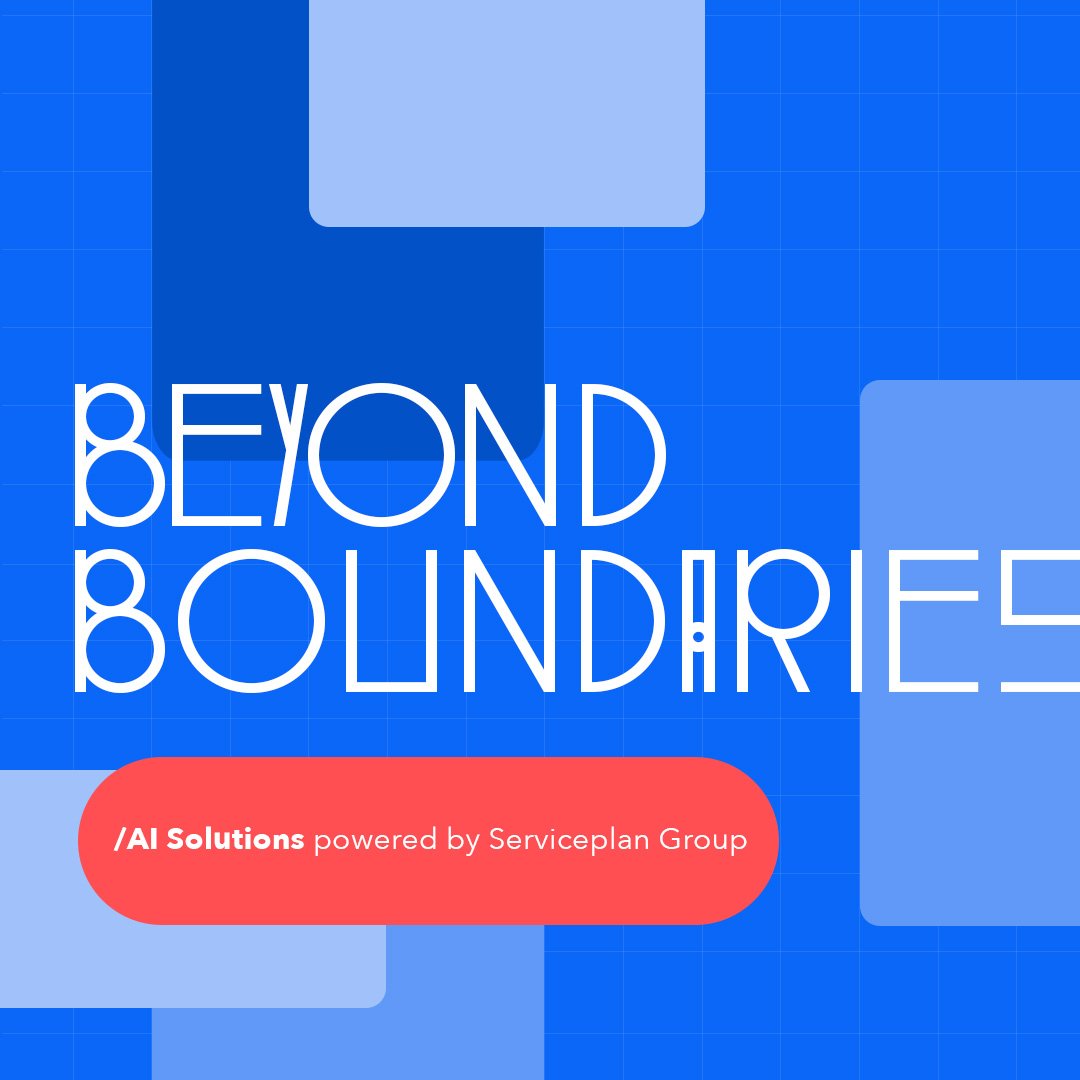 A text on blue background saying Beyond boundaries, AI solutions powered by Serviceplan Group