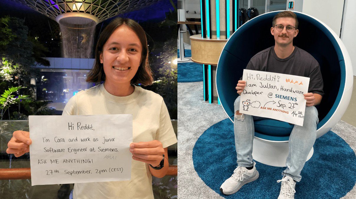 Woman and man holding signs - key visual of the Siemens Reddit campaign by Mediaplus for authentic employer branding