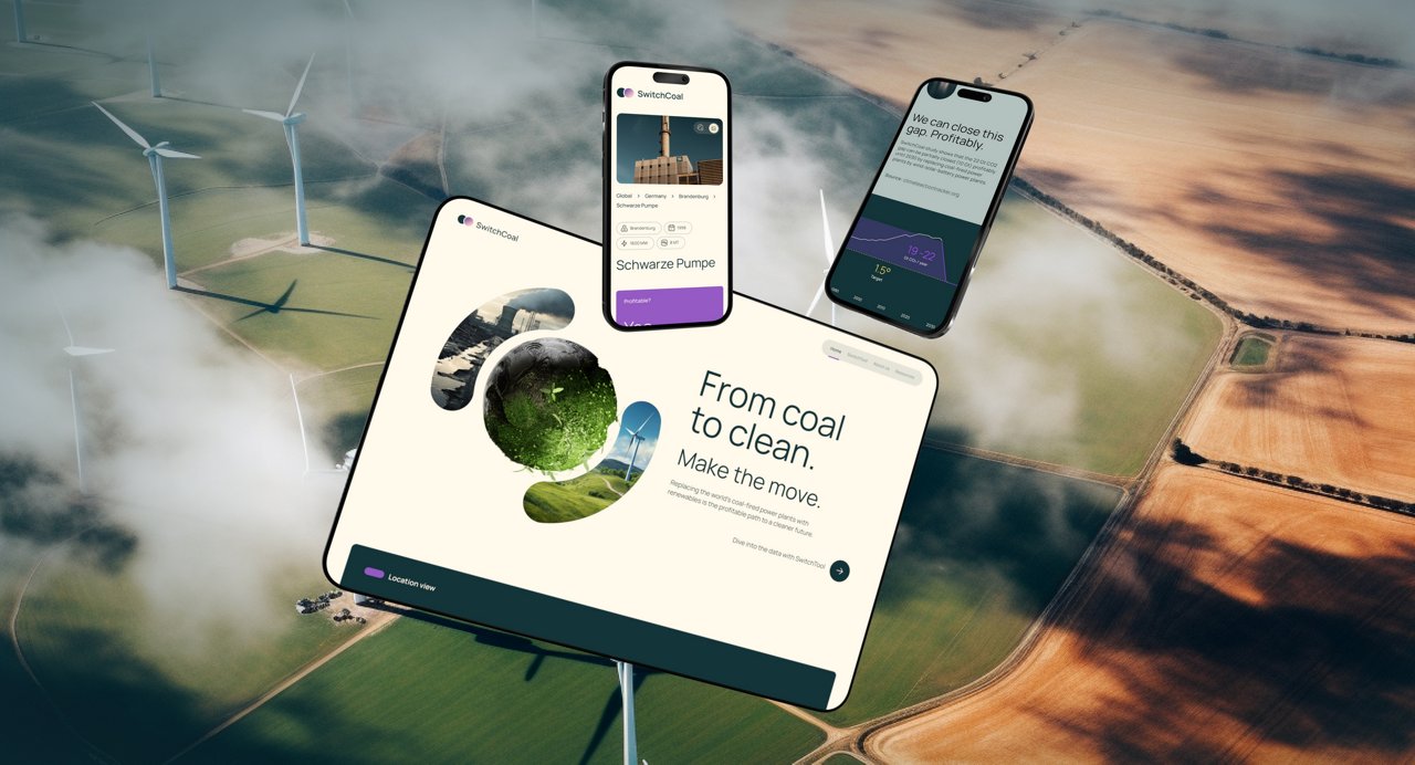 SWITCH COAL Mehrere digitale Geräte zeigen die Webseite mit dem Slogan 'From coal to clean. Make the move.' im Vordergrund. Windkraftanlagen stehen auf einem grünen Feld im Hintergrund, symbolisieren den Übergang von fossilen Brennstoffen zu erneuerbaren Energien. Die Webseite und Geräte repräsentieren umweltfreundliche Technologien und nachhaltige Energiequellen.