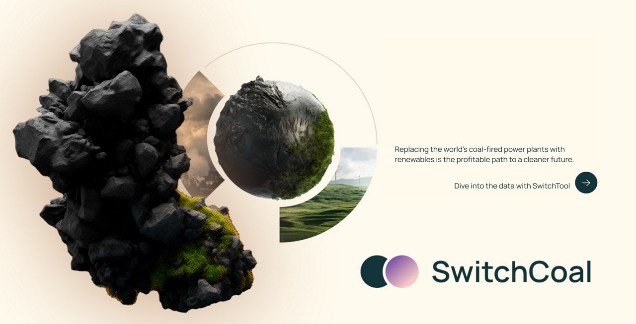 Switch Coal - Visualization of the switch from coal to renewable energies: On the left a dark, angular pile of coal, on the right an abstracted ball that is half covered with coal and half with green moss. The background shows hazy clouds of smoke and green landscapes with wind turbines. Text on the right emphasizes the transition from coal-fired power plants to renewable energy as a profitable path to a clean future. A prompt invites you to use the tool 'SwitchTool'.