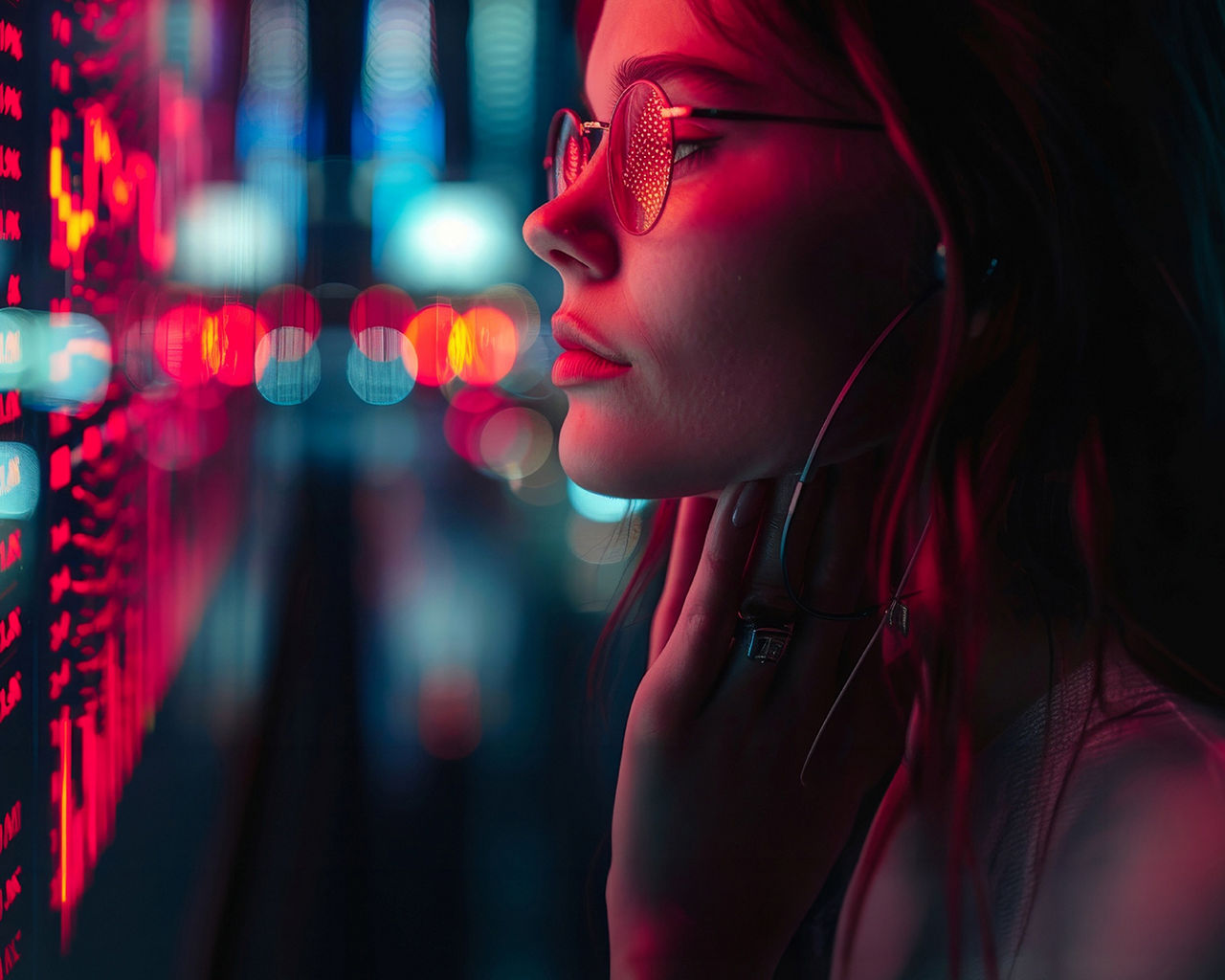 a woman from the side looking at glowing futuristic lights