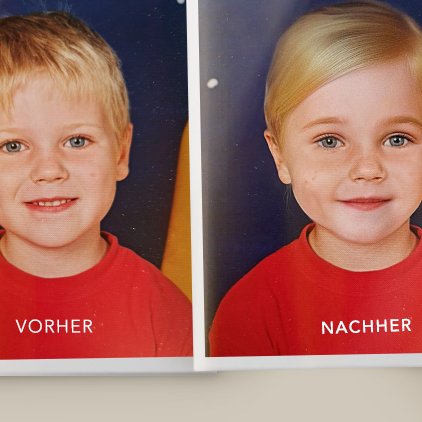 Transklar e.V. - Saved Memories - vorher/nachher Kinderfotos auf welchem mithilfe von KI das Geschlecht des Kindes geändert wurde
