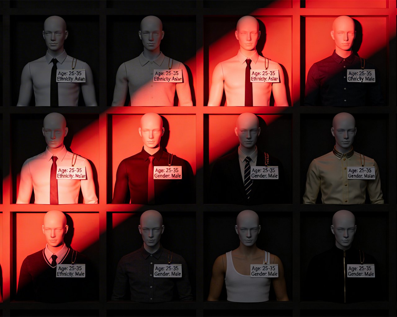 multiple mannequins with attribute signs on their chest