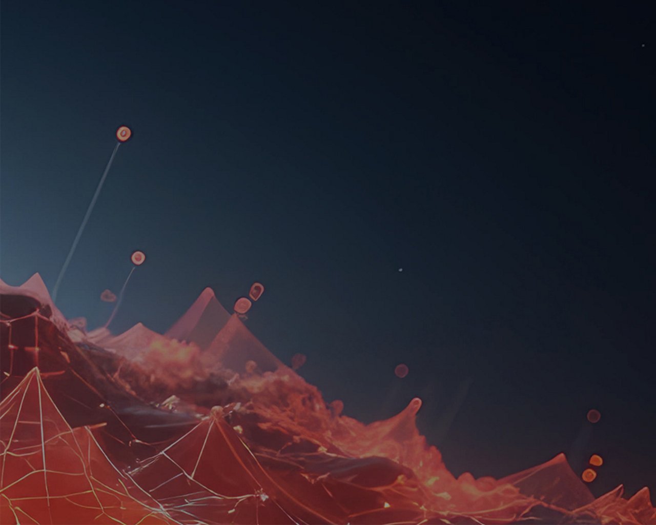 Abstract digital landscape with red network lines and connected nodes against a dark background.