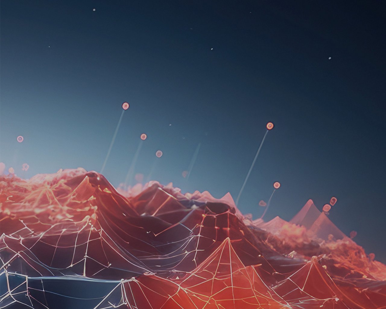 Network visualization of peaks and nodes forming a digital terrain against a blue sky.
