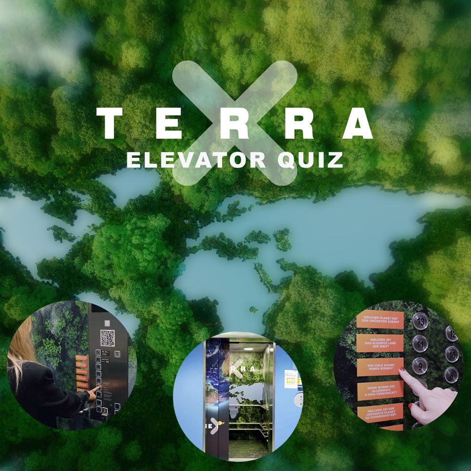 Ausschnitte von mehreren Personen in verschiedenen Situationen im ZDF Terra X Aufzug Quiz