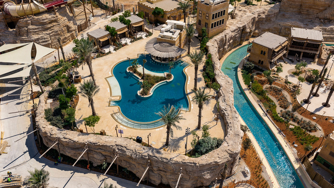 Relaxing pool and lazy river experience at Aquarabia water park at Qiddiya City