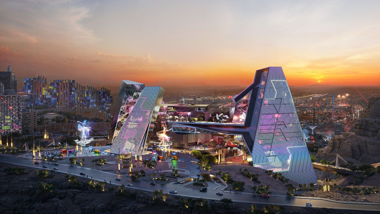 Futuristic Performing Arts Centre with glowing lights near the edge of Tuwaiq.