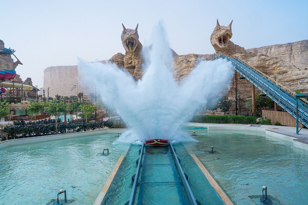 High-speed water ride splash at Aquarabia Qiddiya City, a major water park attraction in Saudi Arabia