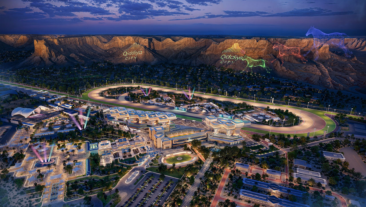 Qiddiya City Horse Racing Venue showcasing world-class racetrack, turf and dirt courses, grandstand, and equestrian design as a future premier horse racing destination in Saudi Arabia