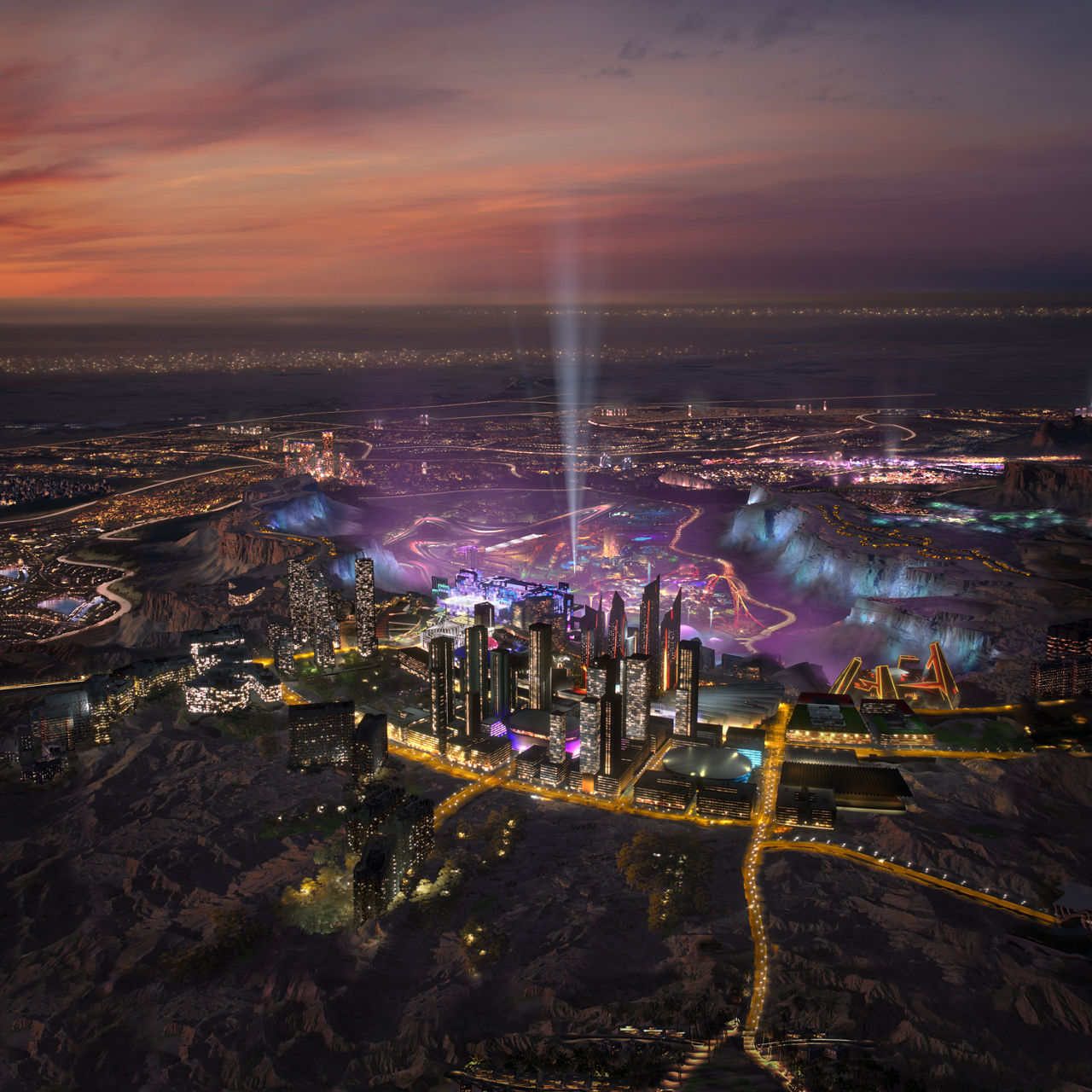 Masterplan render of Qiddiya City with urban districts, cultural venues and natural landscape, a flagship Saudi Vision 2030 entertainment city