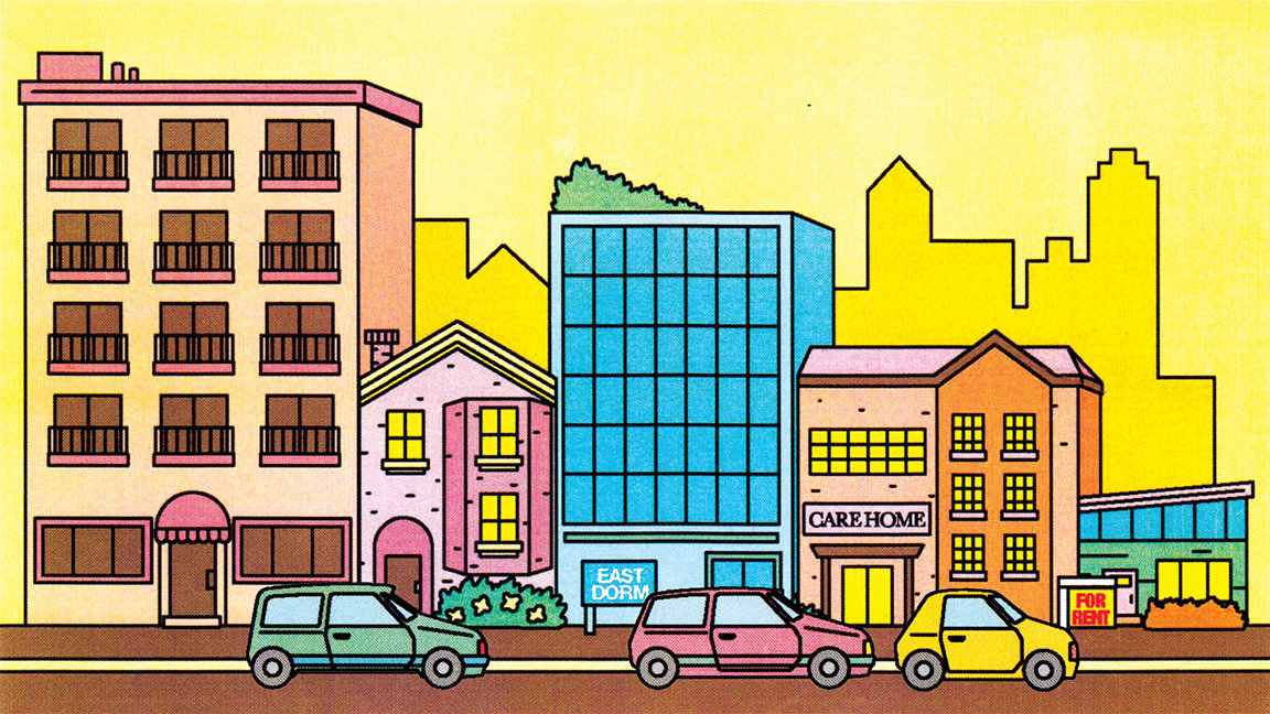 Illustration of five buildings, including dormitories and a care home against a yellow background with cars driving in front