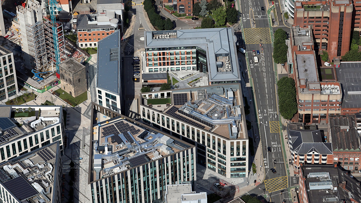 Aerial view of UK office buildings