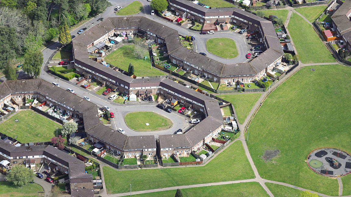 Duffryn housing estate, council housing and private homes in a snake-like design, Newport, South Wales