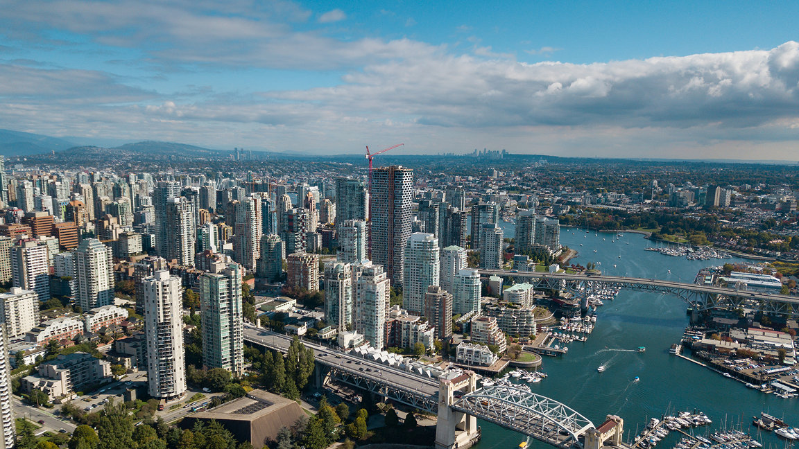 Drone shot of the Vancouver skyline