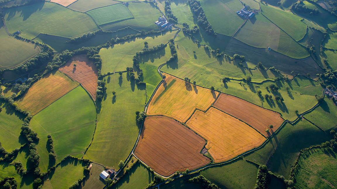 Overhead view of fields and farmland