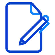 Blue icon of clipboard and pen